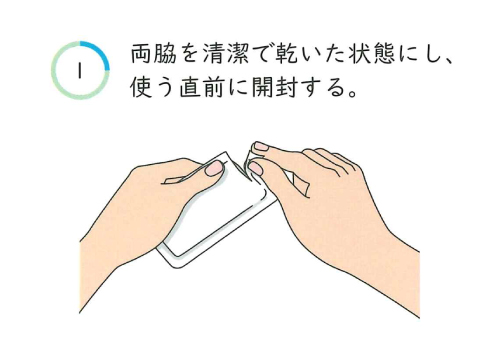 両脇を清潔で乾いた状態にし、使う直前に開封する